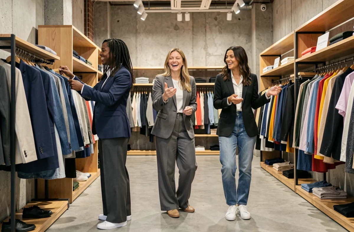 Trois femmes aux styles variés parcourent des portants de vêtements dans une boutique de mode contemporaine, illustrant l'influence de la mode sur les comportements de consommation et les interactions sociales.