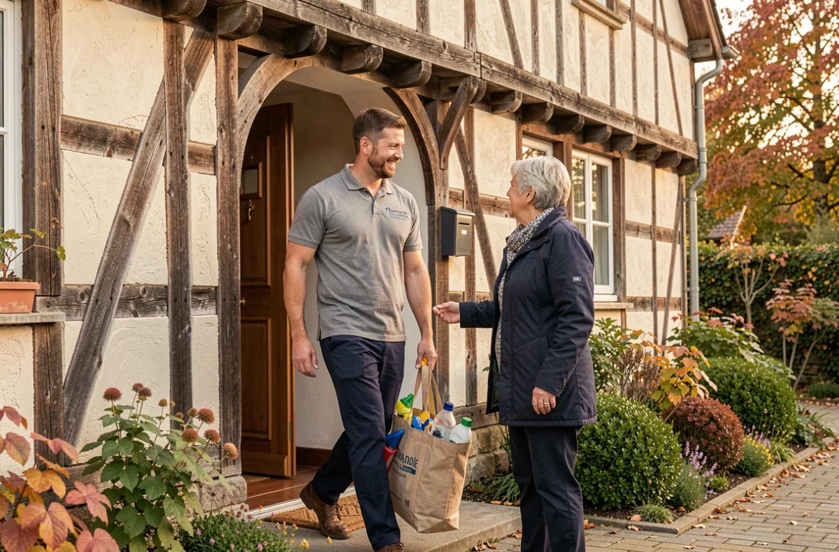 Prestataire de Normandie Services À La Maison accueilli par une cliente devant une maison à colombages normande