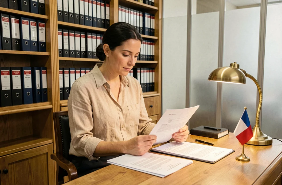 Notaire examinant un contrat de vente immobilière dans son bureau, contexte juridique autour de l'exemption du DPE