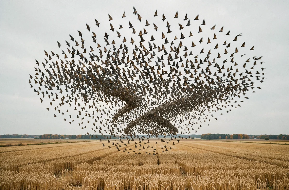 Nuée d'étourneaux en vol au-dessus de champs agricoles illustrant la dynamique de croissance et de régulation des populations animales