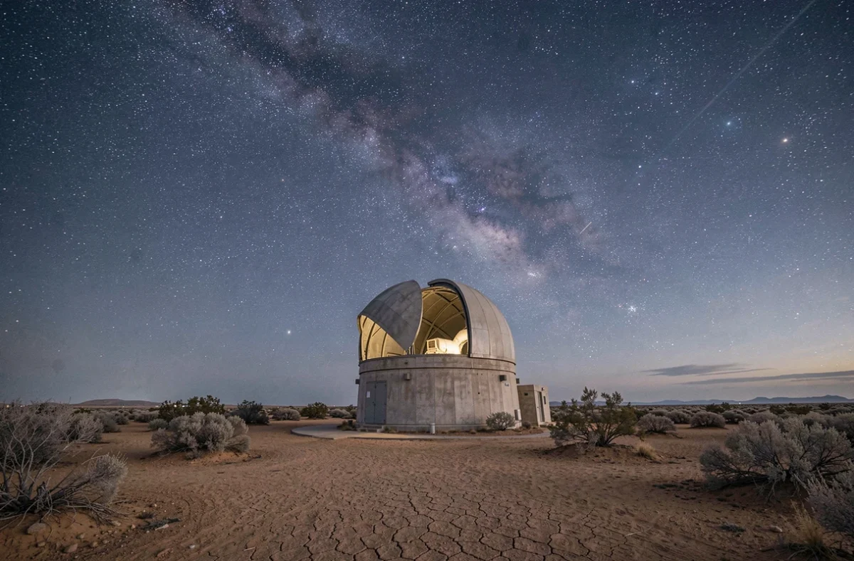 Observatoire astronomique dans le désert sous un ciel étoilé révélant la structure spirale de la Voie Lactée