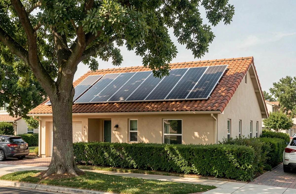 Panneaux solaires partiellement ombragés par un arbre sur le toit d'une maison pavillonnaire française