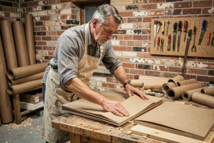 Artisan assemblant des couches de papier kraft comme isolant thermique entre des panneaux de bois dans un atelier rustique