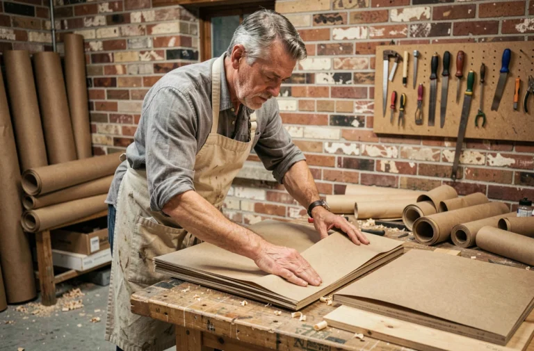 Artisan assemblant des couches de papier kraft comme isolant thermique entre des panneaux de bois dans un atelier rustique