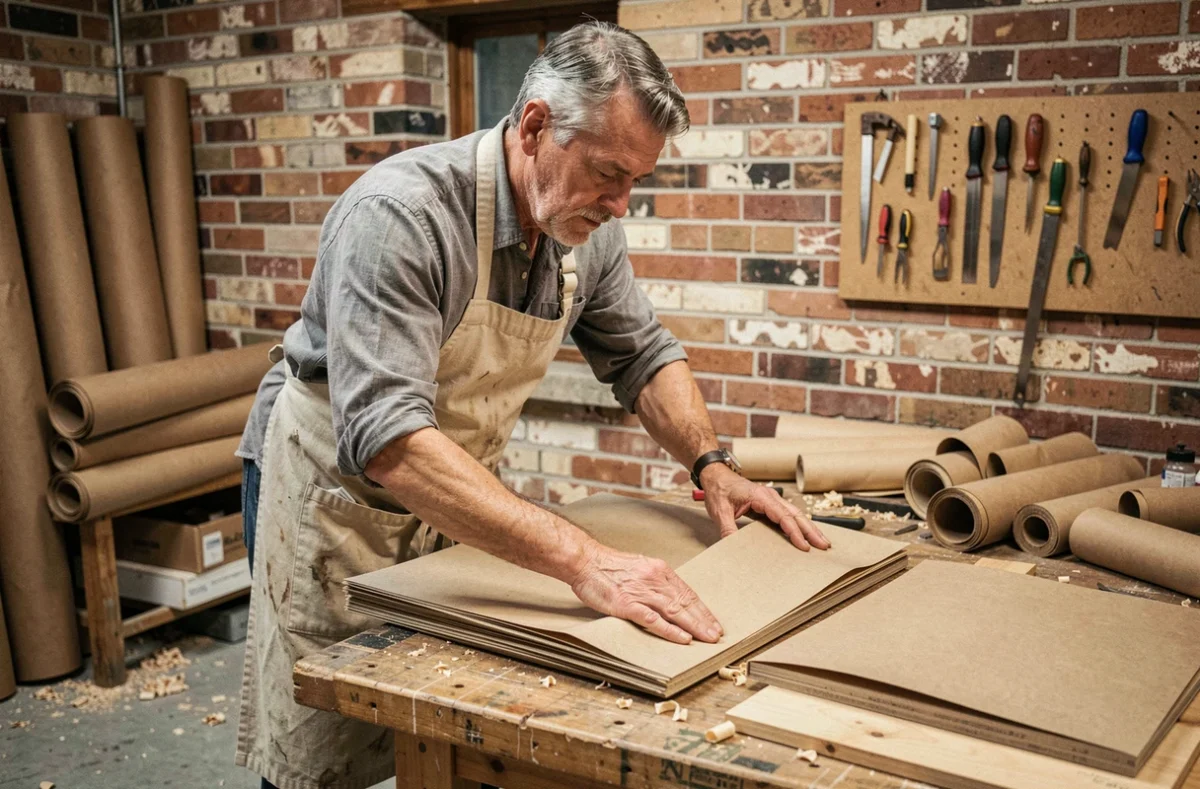 Artisan assemblant des couches de papier kraft comme isolant thermique entre des panneaux de bois dans un atelier rustique