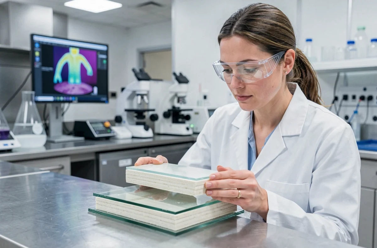 Chercheuse analysant un échantillon de papier en couches pour mesurer ses propriétés d'isolation thermique en laboratoire