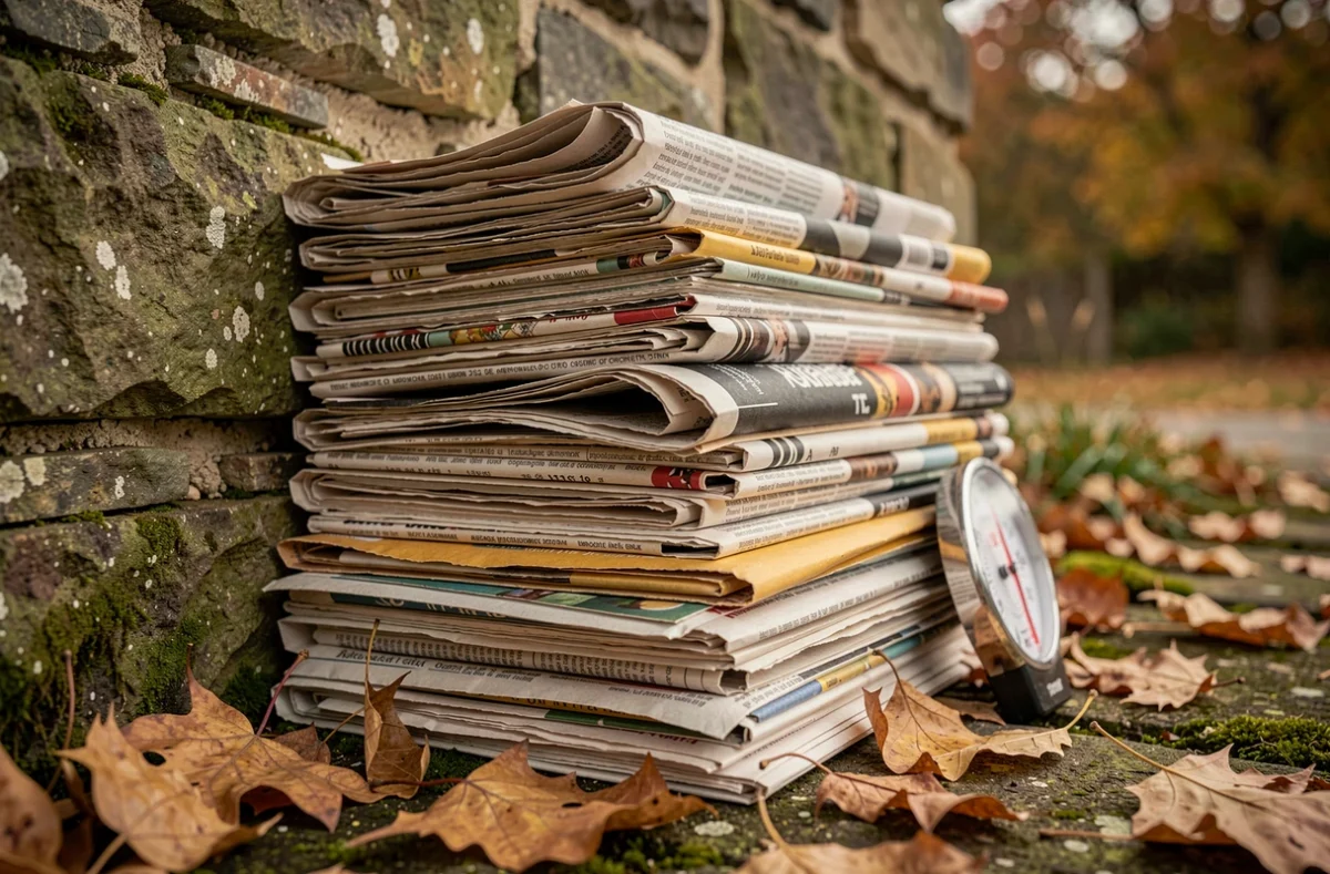 Empilement de journaux et de papiers recyclés posé contre un mur en pierre extérieur illustrant les propriétés isolantes du papier