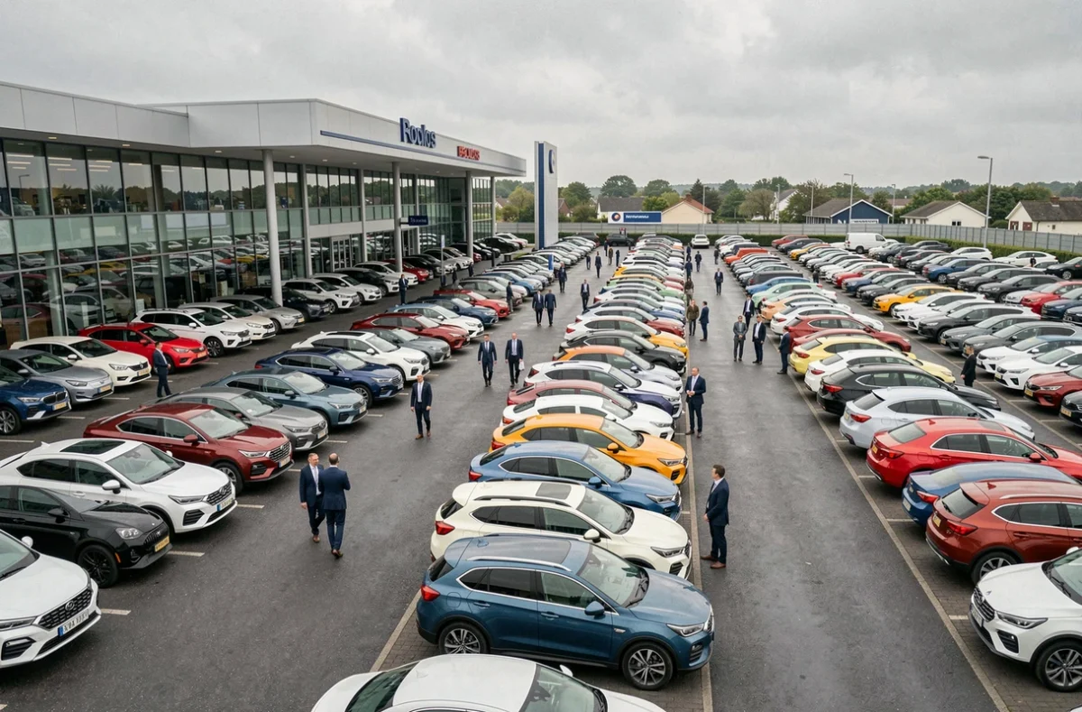 Parc de voitures neuves dans un grand lot de concessionnaire automobile en France