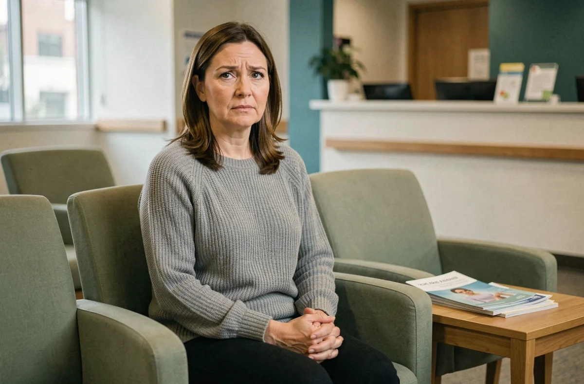 Patiente en salle d'attente d'un hôpital pour un dépistage du cancer colorectal