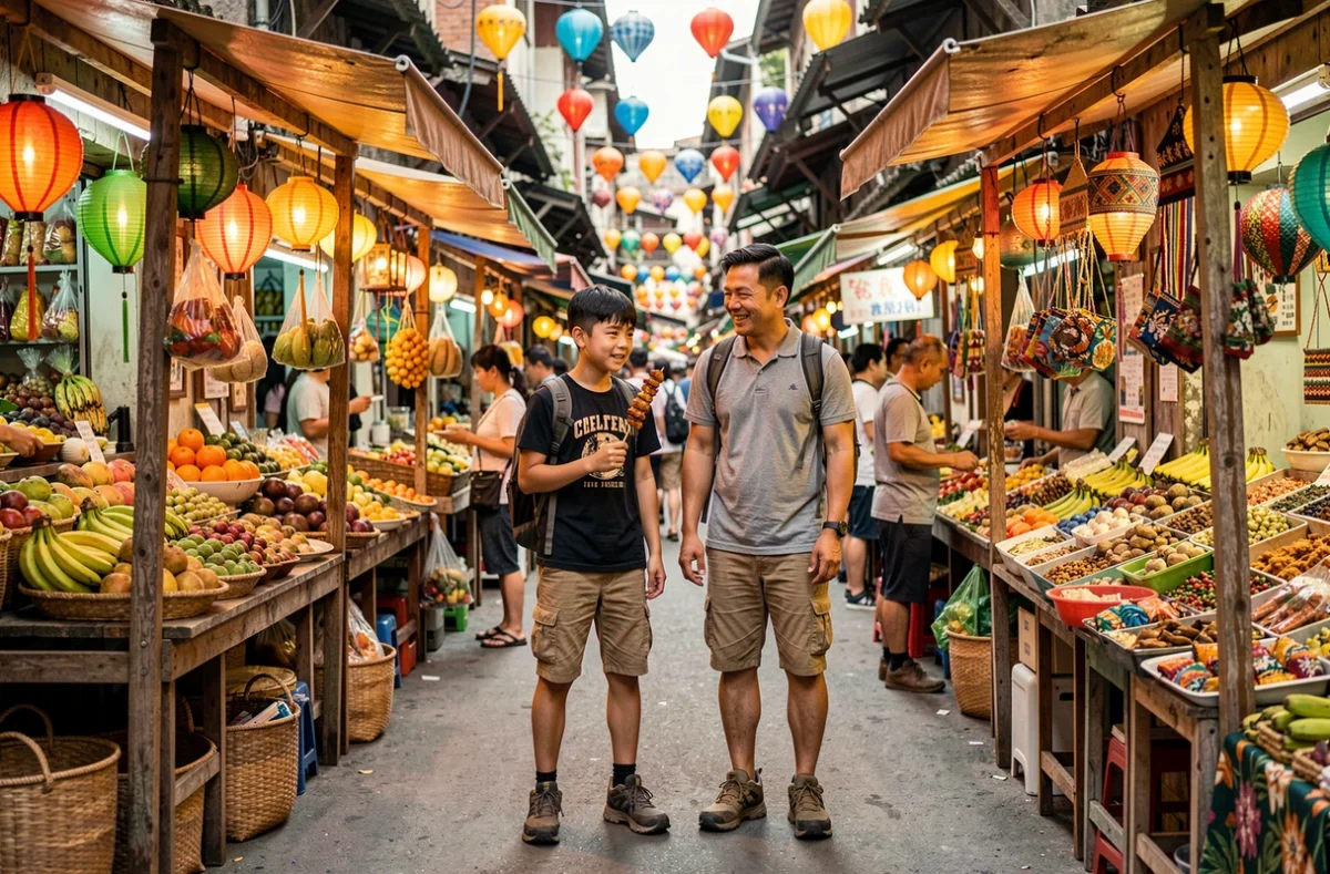 Père et fils adolescent découvrant un marché de rue animé en Asie pendant leurs vacances en famille