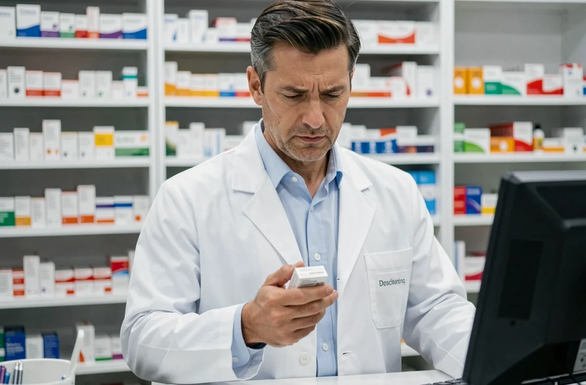 Pharmacien tenant une boîte de médicaments sur ordonnance, évoquant les traitements médicamenteux possibles face au burn-out