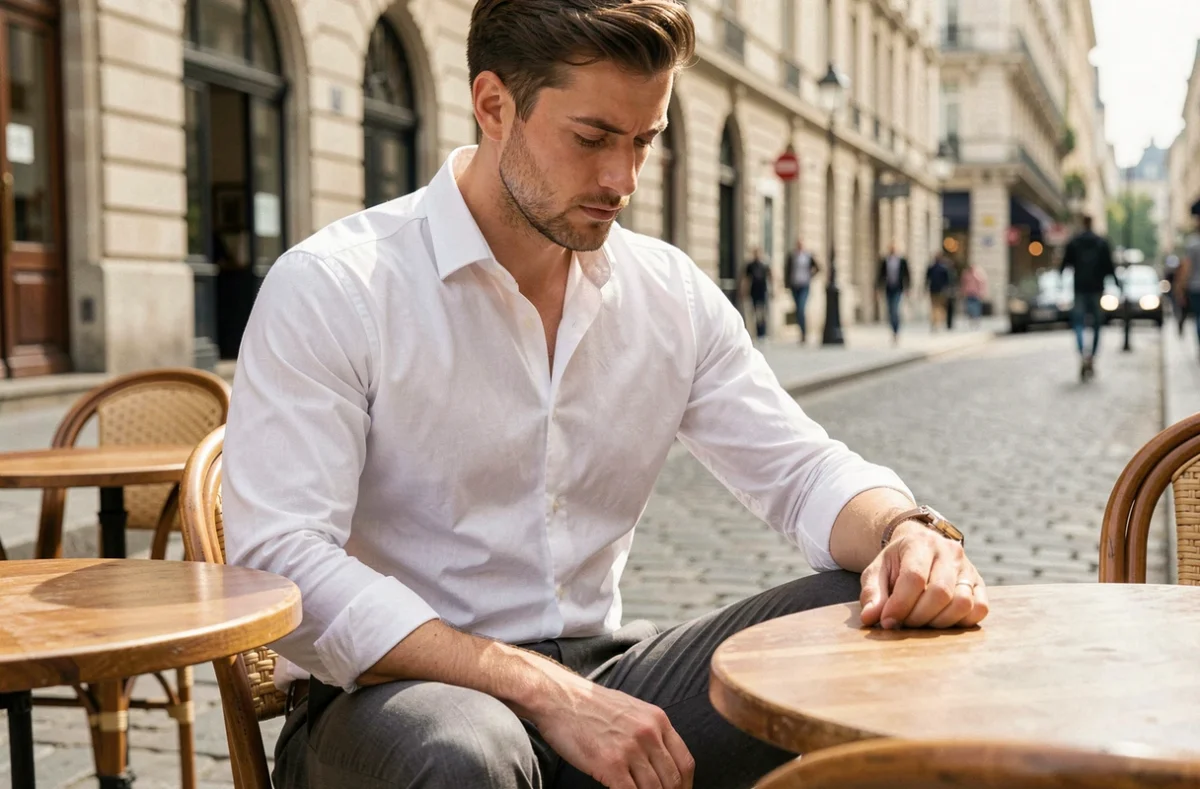 Homme élégamment habillé d'une chemise blanche Oxford dans un café parisien, symbolisant l'importance d'une pièce vestimentaire essentielle