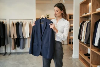 Femme tenant un blazer marine dans une boutique parisienne minimaliste, illustrant l'importance de la pièce maîtresse d'une tenue