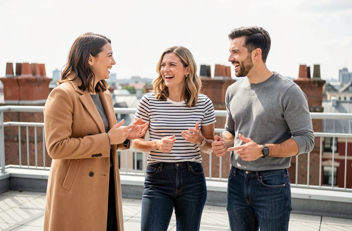 Trois amis sur un rooftop urbain portant chacun une pièce vestimentaire clé : manteau camel, marinière rayée et jean taillé, illustrant les pièces incontournables d'une garde-robe