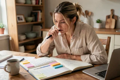 Femme planifiant le programme d'une fête dans un carnet ouvert avec des notes colorées et des fiches imprimées