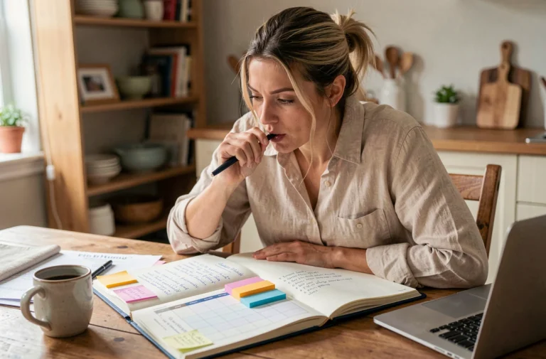 Femme planifiant le programme d'une fête dans un carnet ouvert avec des notes colorées et des fiches imprimées