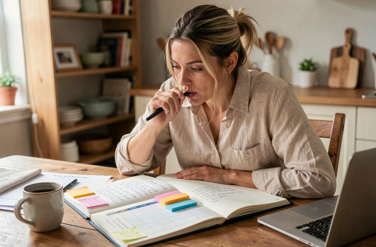 Femme planifiant le programme d'une fête dans un carnet ouvert avec des notes colorées et des fiches imprimées
