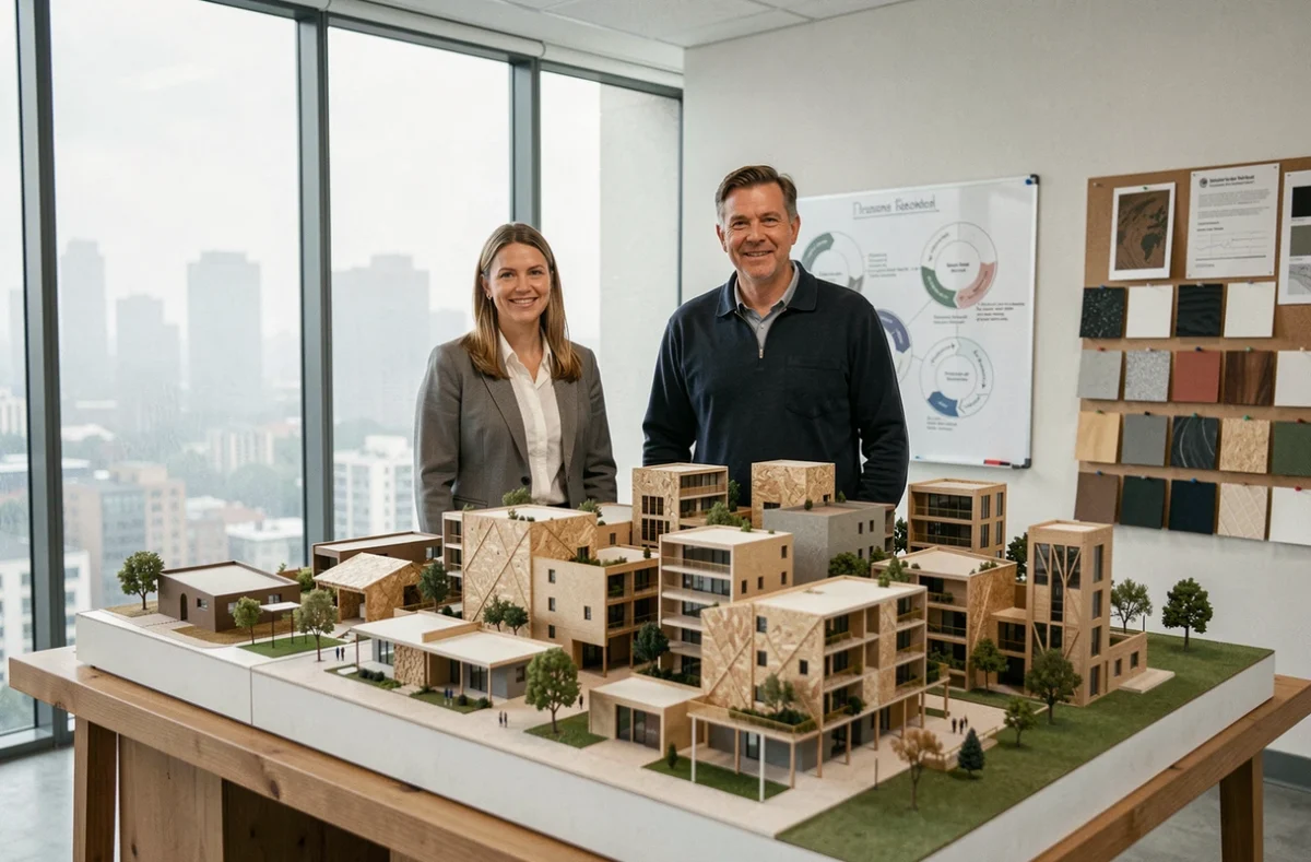 Deux professionnels discutant d'un modèle de quartier durable lors d'une réunion de conception illustrant la planification de l'économie circulaire