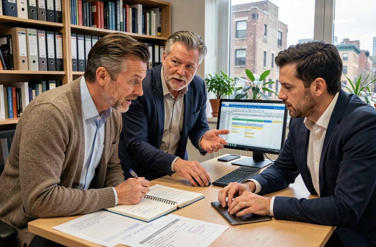 Trois collègues collaborant autour d'un bureau sur la planification et la répartition des rôles d'un comité d'organisation