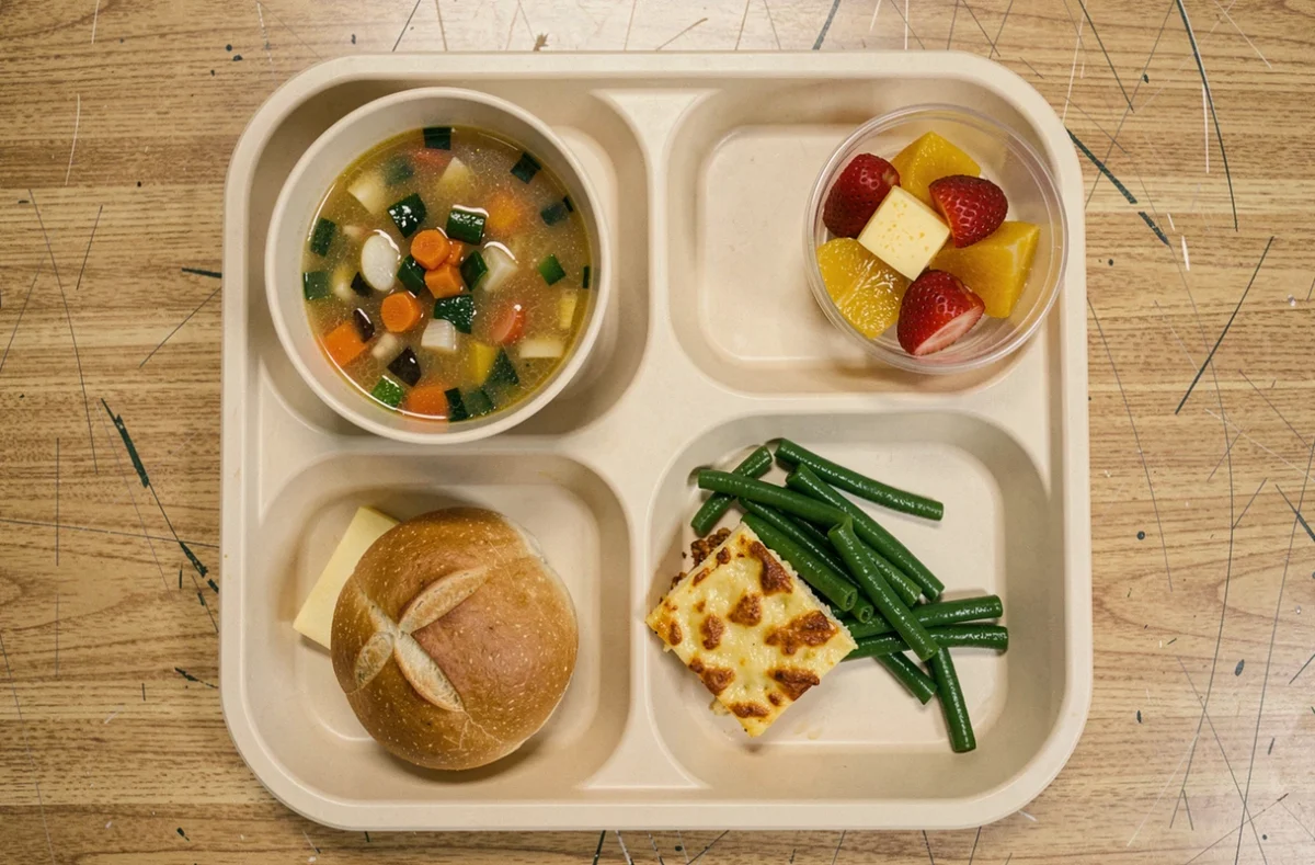 Vue aérienne d'un plateau complet de demi-pension scolaire avec entrée, plat chaud, fromage et dessert