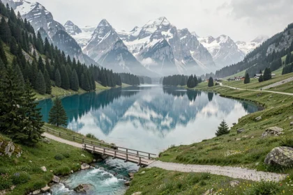 Paysage de montagne alpin avec lac turquoise et forêts de pins reflétant les sommets enneigés, illustration du plus beau pays au monde