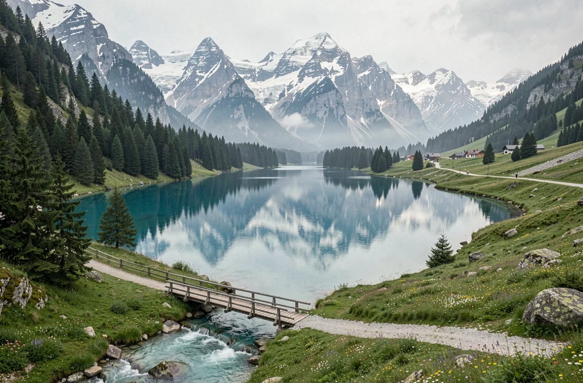 Paysage de montagne alpin avec lac turquoise et forêts de pins reflétant les sommets enneigés, illustration du plus beau pays au monde