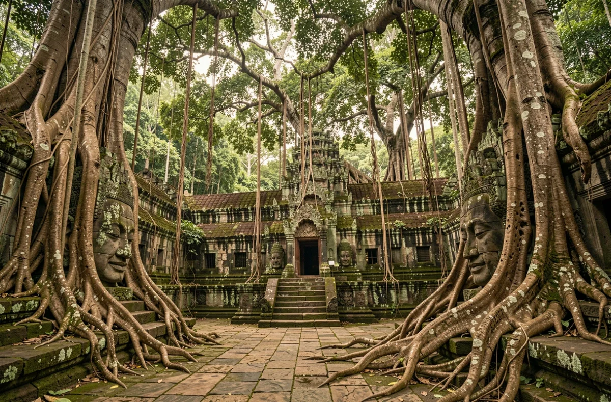 Ruines de temple antique envahies par la jungle tropicale avec racines d'arbres et sculptures de pierre, symbole du patrimoine des plus beaux pays du monde