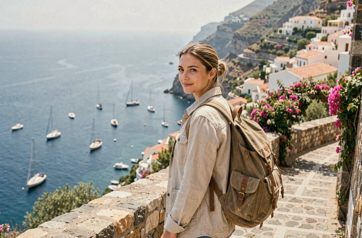 Voyageuse devant un panorama méditerranéen avec mer bleue et villages côtiers, évoquant les plus beaux pays du monde à visiter