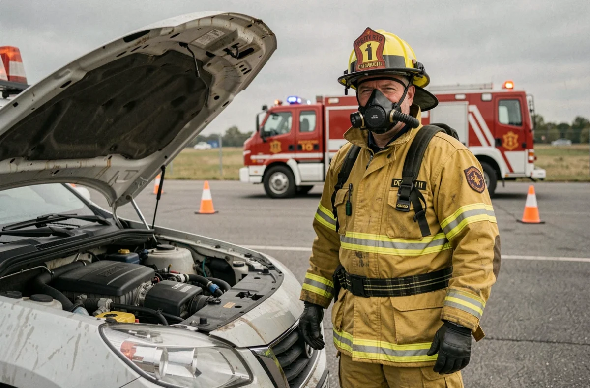 Pompier en tenue de protection intervenant sur un véhicule hydrogène lors d'un exercice d'urgence