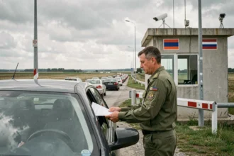 Garde-frontière européen vérifiant des documents à un poste de contrôle frontalier