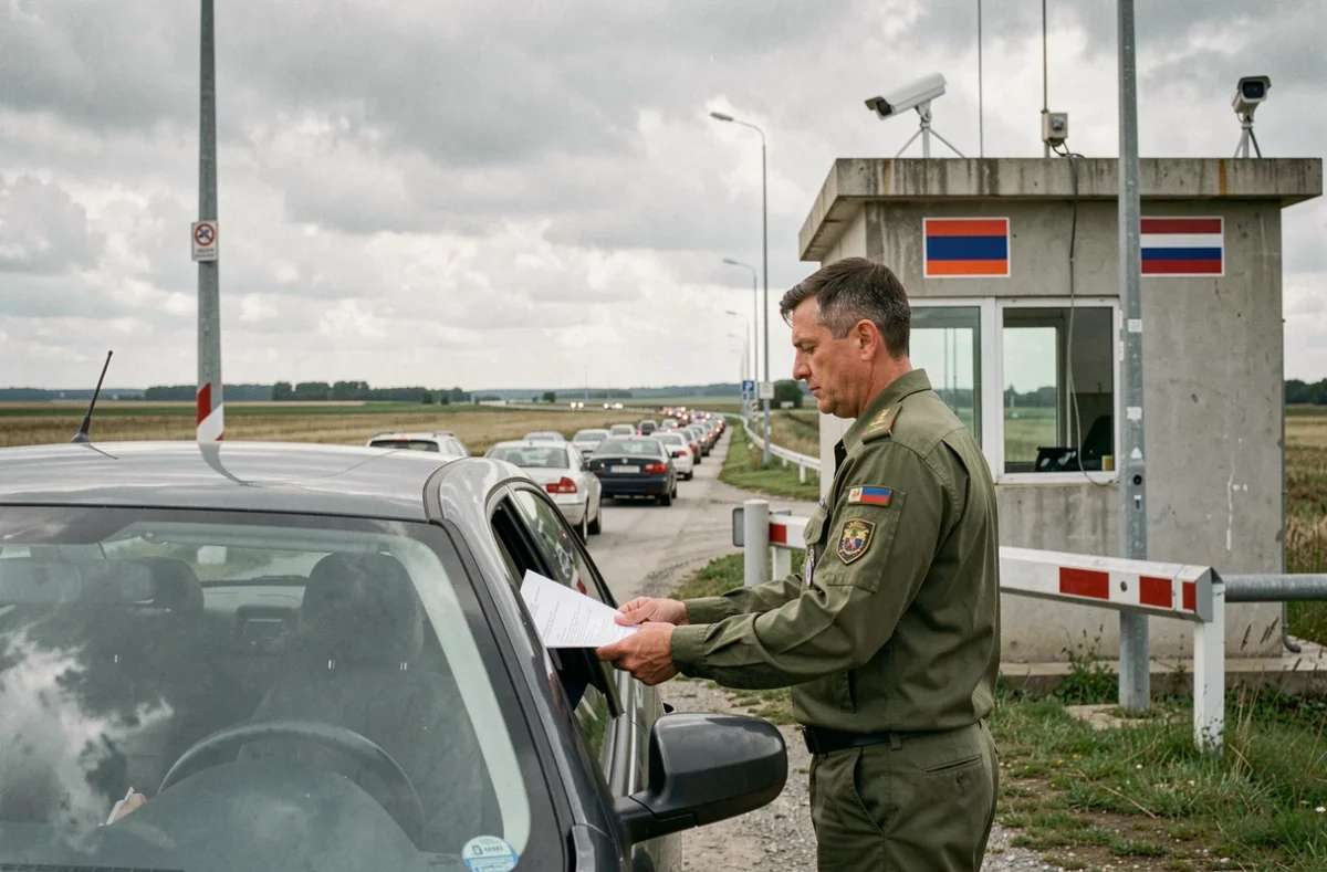 Garde-frontière européen vérifiant des documents à un poste de contrôle frontalier
