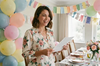 Femme préparant un discours de présentation pour une fête avec une carte manuscrite devant une table décorée