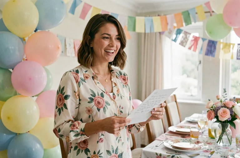 Femme préparant un discours de présentation pour une fête avec une carte manuscrite devant une table décorée