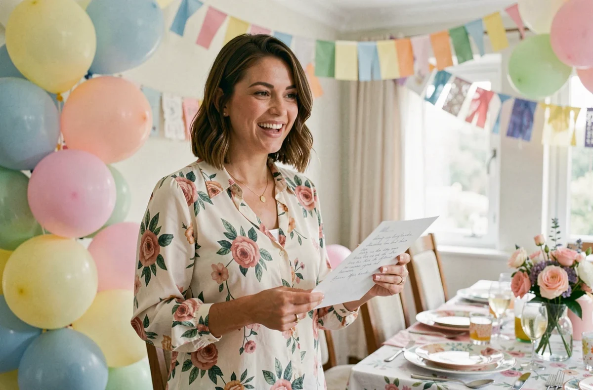 Femme préparant un discours de présentation pour une fête avec une carte manuscrite devant une table décorée