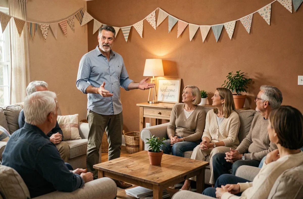 Groupe d'adultes réunis dans un salon décoré lors d'une présentation d'animation de fête