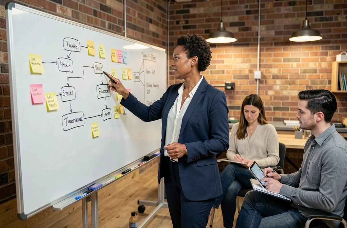 Femme présentant un organigramme de comité d'organisation sur un tableau blanc lors d'un atelier professionnel