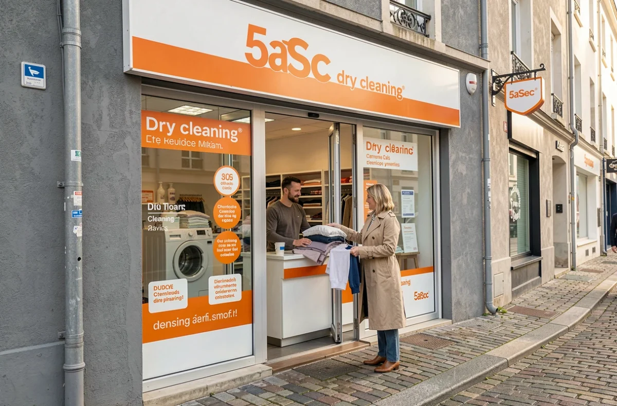 Devanture d'un pressing 5àSec avec enseigne orange et blanche et une cliente déposant ses vêtements au comptoir