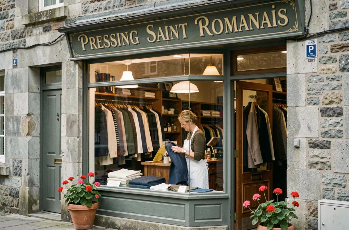 Devanture du Pressing Saint Romanais avec une employée inspectant un veston derrière la vitrine d'une boutique en pierre normande