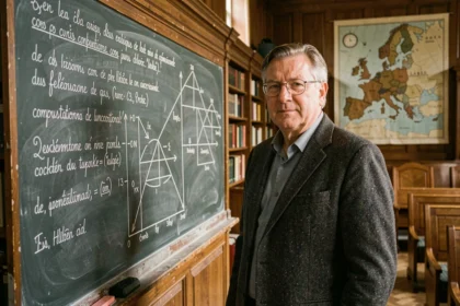 Professeur universitaire expliquant la séparation des pouvoirs de Montesquieu devant un tableau noir dans un amphithéâtre historique