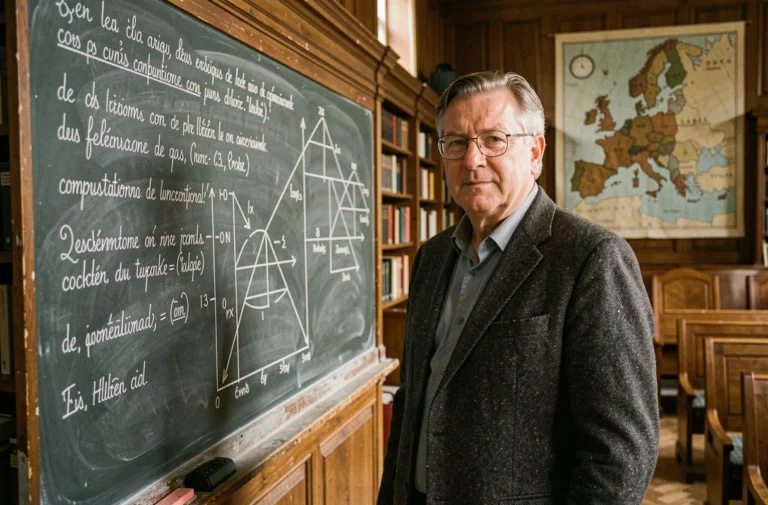 Professeur universitaire expliquant la séparation des pouvoirs de Montesquieu devant un tableau noir dans un amphithéâtre historique