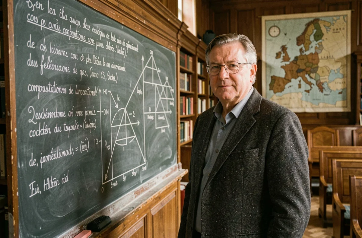 Professeur universitaire expliquant la séparation des pouvoirs de Montesquieu devant un tableau noir dans un amphithéâtre historique