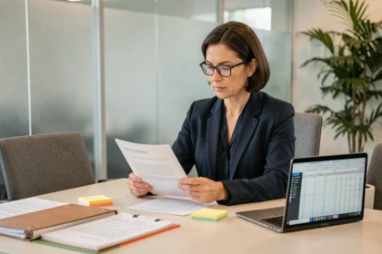 Professionnelle en réunion analysant des formulaires d'évaluation dans une salle de conférence moderne