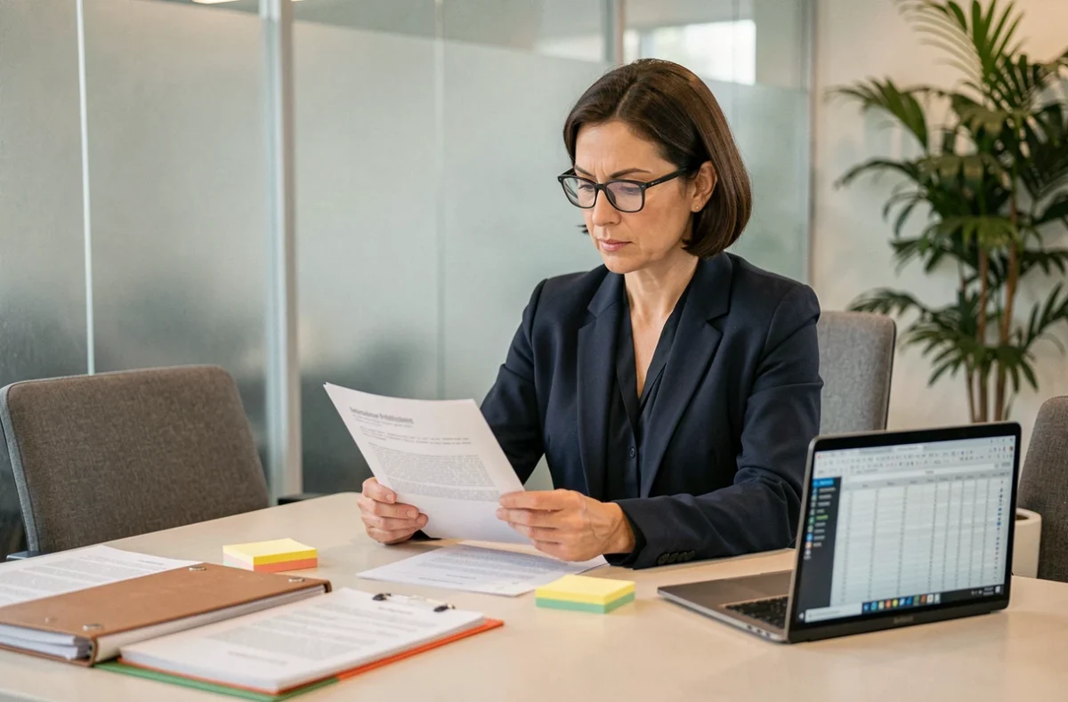 Professionnelle en réunion analysant des formulaires d'évaluation dans une salle de conférence moderne