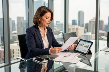 Femme professionnelle analysant un portefeuille immobilier SCPI dans un bureau moderne avec vue sur la ville