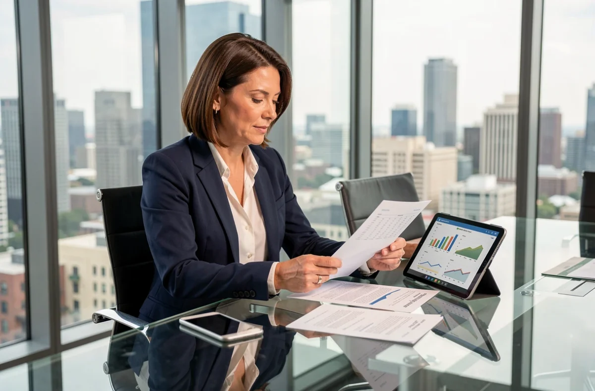 Femme professionnelle analysant un portefeuille immobilier SCPI dans un bureau moderne avec vue sur la ville