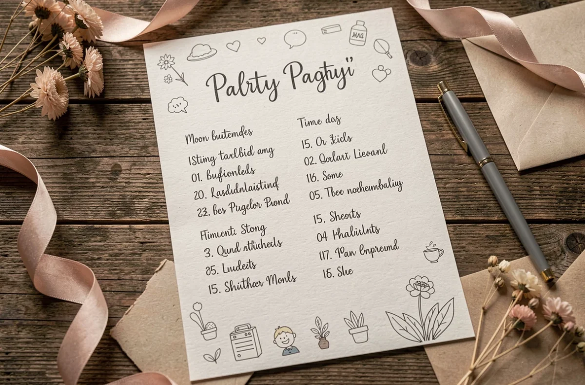 Programme de fête manuscrit posé sur une table en bois entouré de décorations comme des fleurs séchées et du ruban
