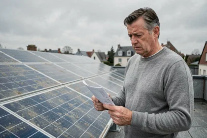 Propriétaire sceptique examinant ses panneaux solaires sur un toit résidentiel en tenant une facture d'électricité