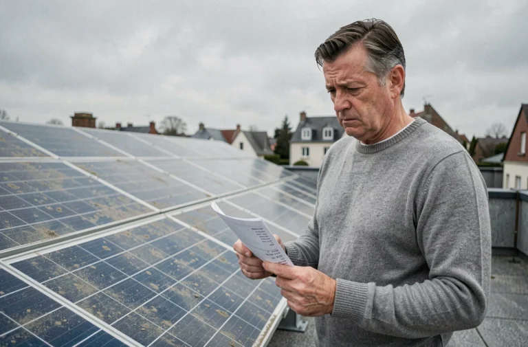 Propriétaire sceptique examinant ses panneaux solaires sur un toit résidentiel en tenant une facture d'électricité