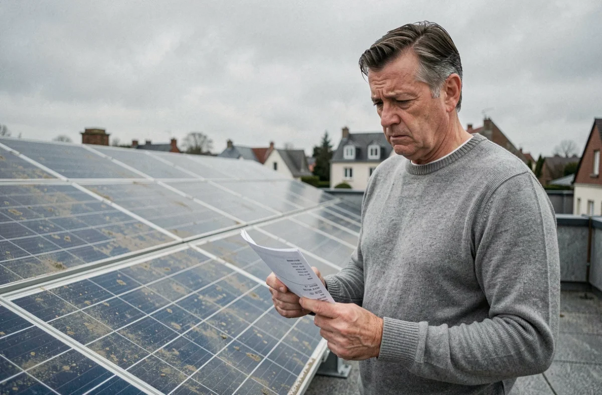 Propriétaire sceptique examinant ses panneaux solaires sur un toit résidentiel en tenant une facture d'électricité