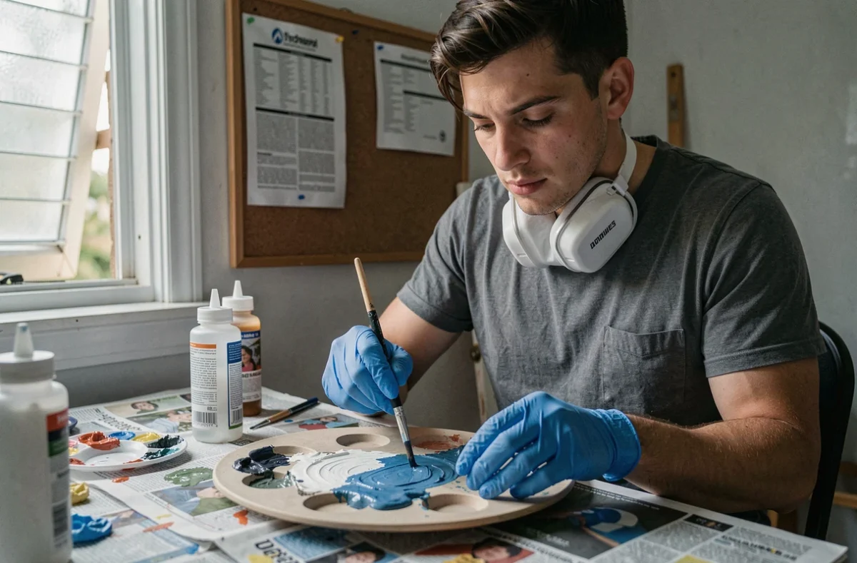 Jeune peintre portant un masque respiratoire et des gants pour se protéger des vapeurs de peinture acrylique